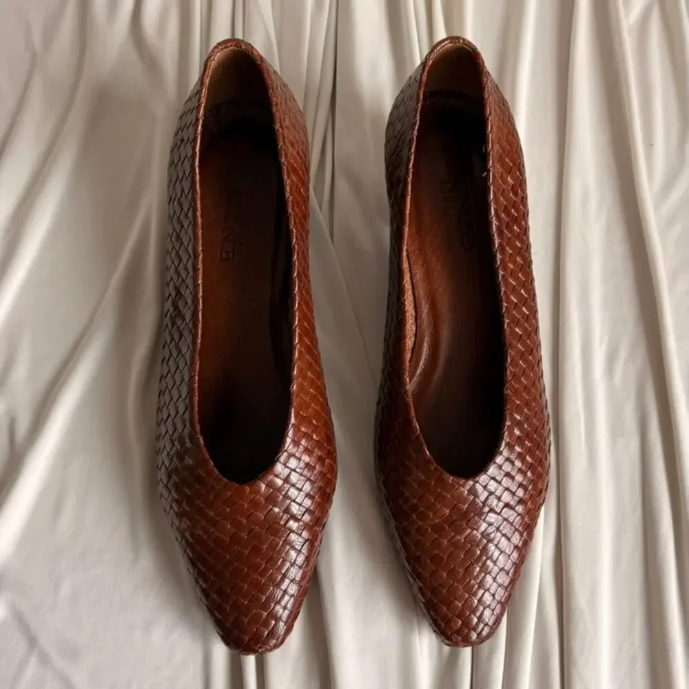 Enzo Angiolini Cognac Woven Leather Pumps - Almond Toe, Size 7.5